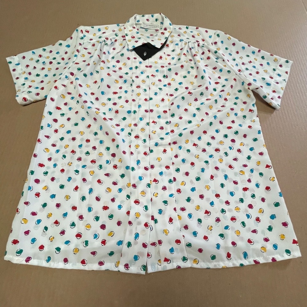 Vintage 1980s "Impressions" Confetti Abstract Polka Dot Blouse Womens L Sz 12/14